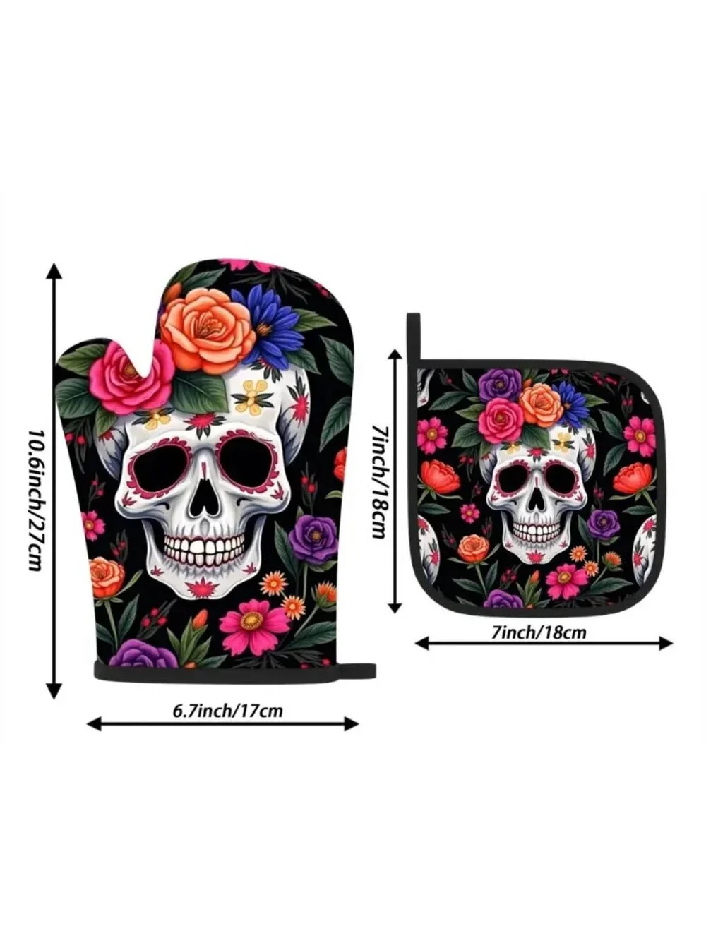New - 2pcs Floral Skull - Oven Mitts and Pot Holders Set